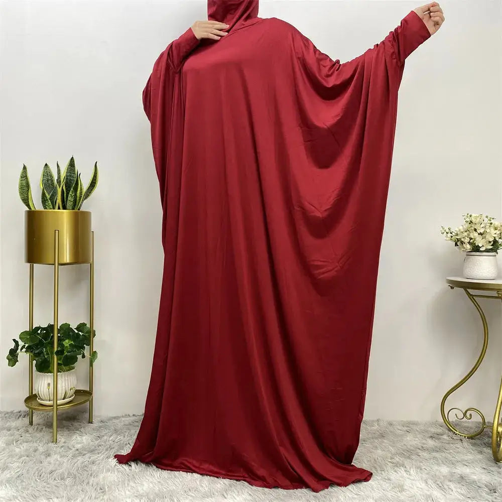 Middle East Women’s Traditional Solid Color Long Sleeve Loose Robe Abaya - 10Wine Red / Free Size