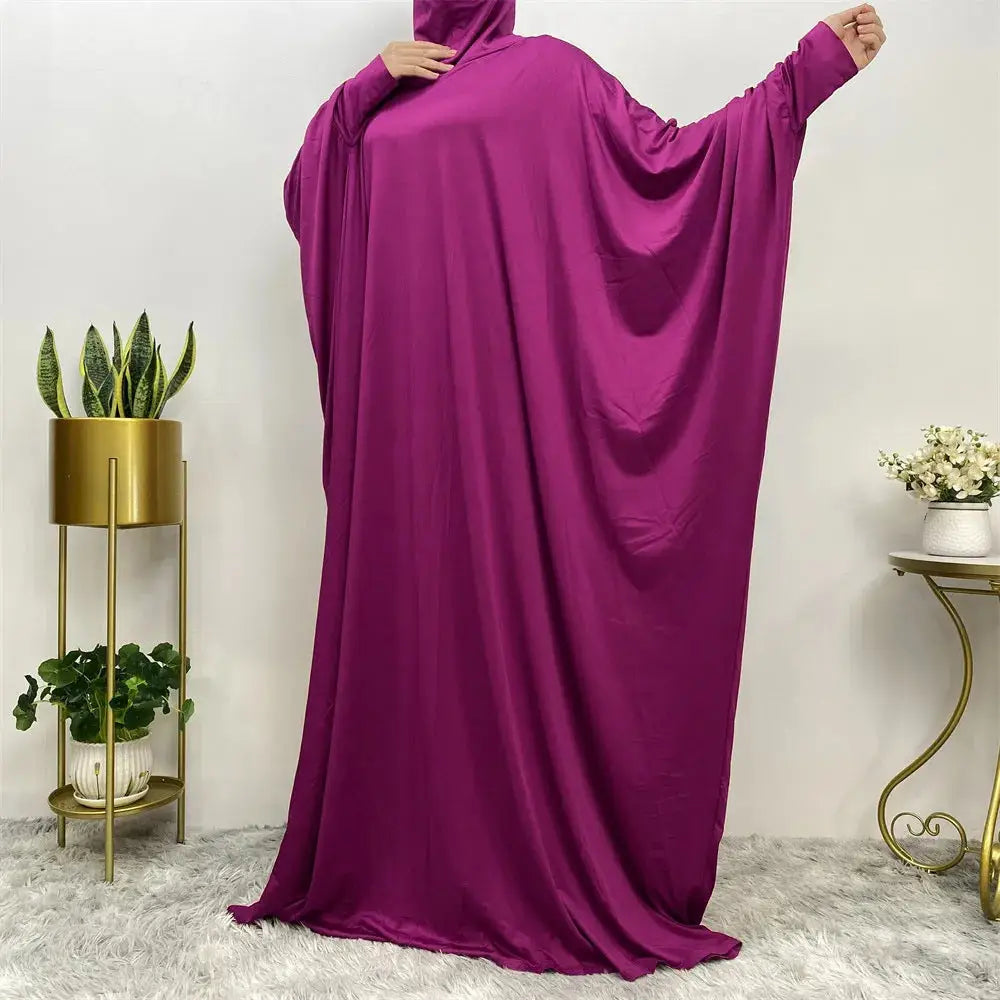 Middle East Women’s Traditional Solid Color Long Sleeve Loose Robe Abaya - 1Rose Red / Free Size