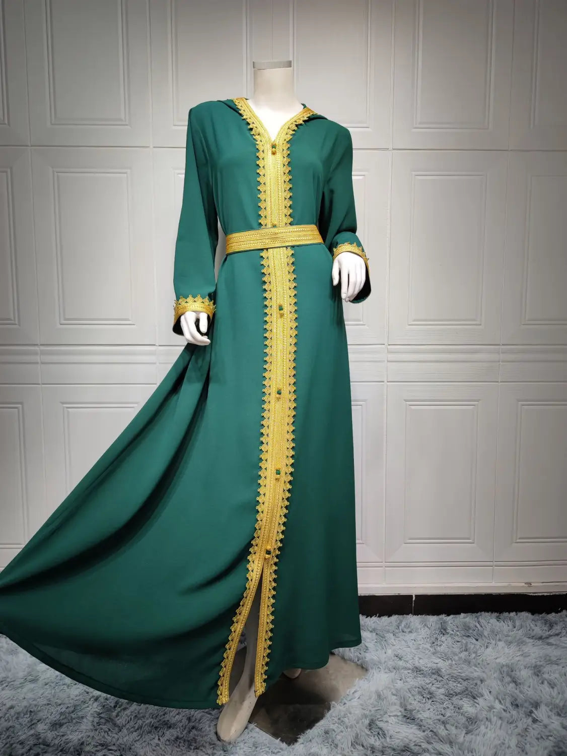Robe trapèze à capuche en lin vert pour femme musulmane saoudienne