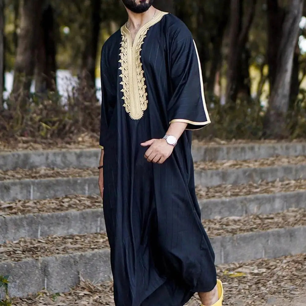 Chemise longue noire à la mode pour homme, robe musulmane
