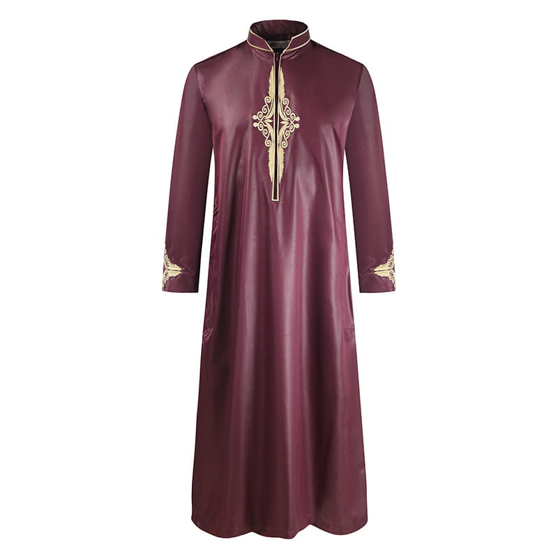 Robe de chambre pour homme, couleur unie, brodée, style musulman du Moyen-Orient, manches longues, commerce extérieur
