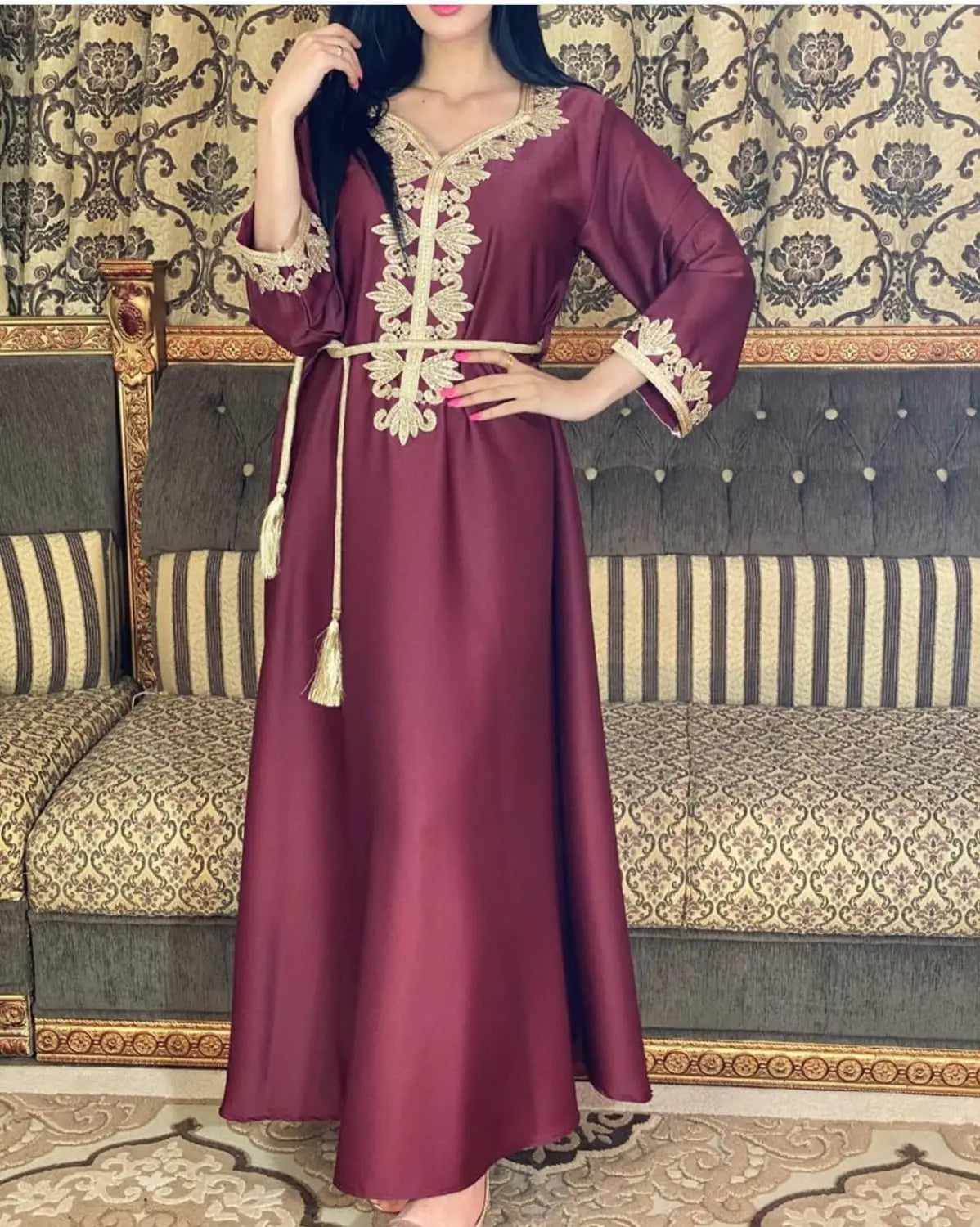 Jupe longue brodée pour femmes musulmanes du Moyen-Orient et de Dubaï, robe en dentelle bronzée brodée