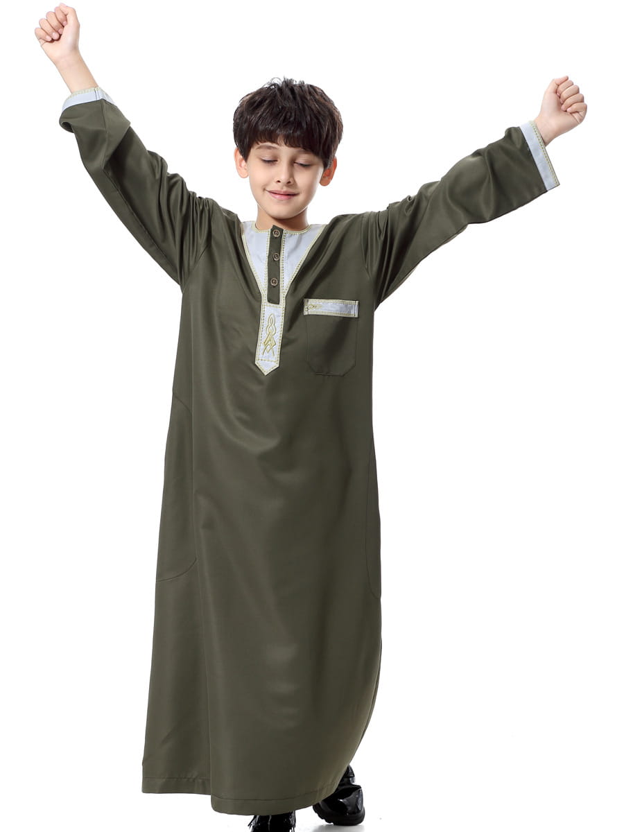 Robe brodée à col rond pour garçon, style arabe musulman et moyen-oriental