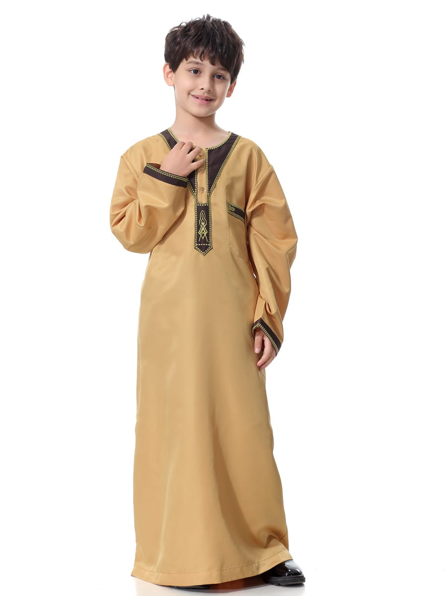Robe brodée à col rond pour garçon, style arabe musulman et moyen-oriental