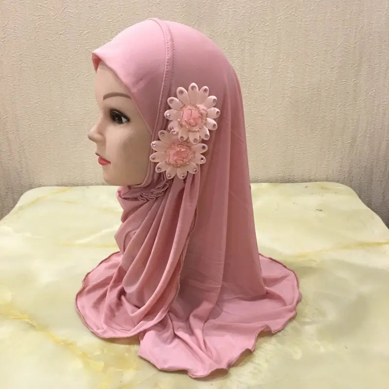 Chapeau turban pour petite fille avec voile à deux fleurs