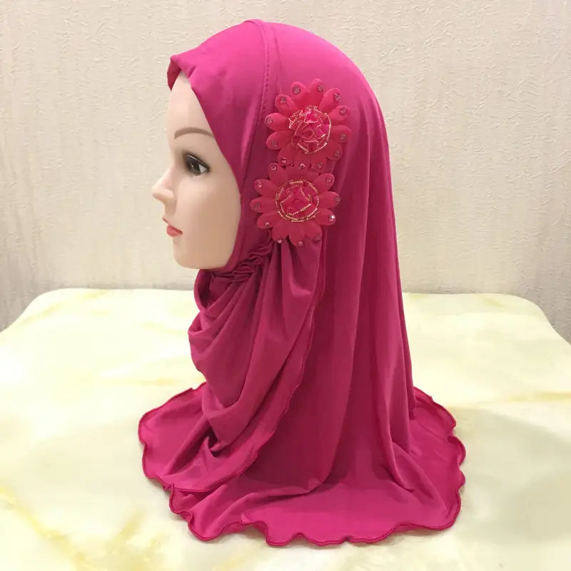 Chapeau turban pour petite fille avec voile à deux fleurs