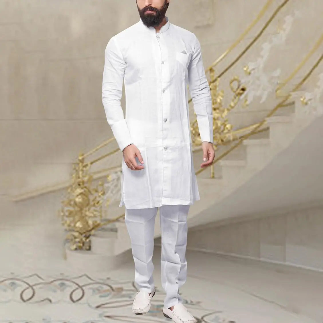 Chemise longue en lin à boutons pour homme musulman du Moyen-Orient