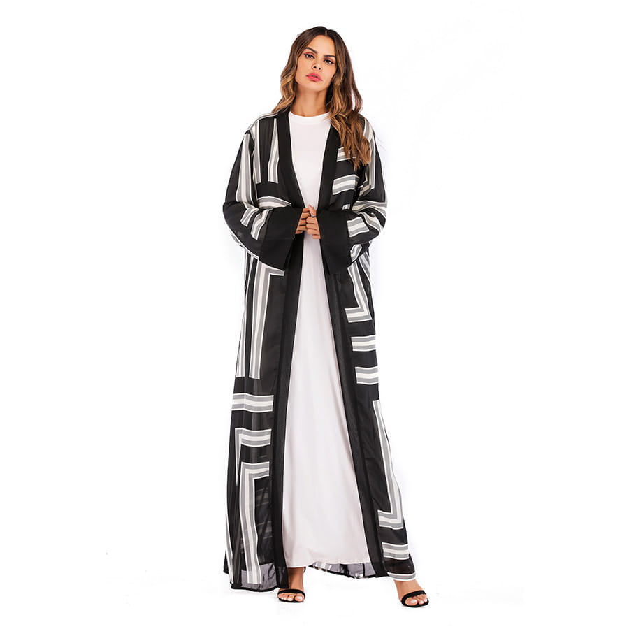 Robe cardigan ample en dentelle à rayures musulmanes pour femme