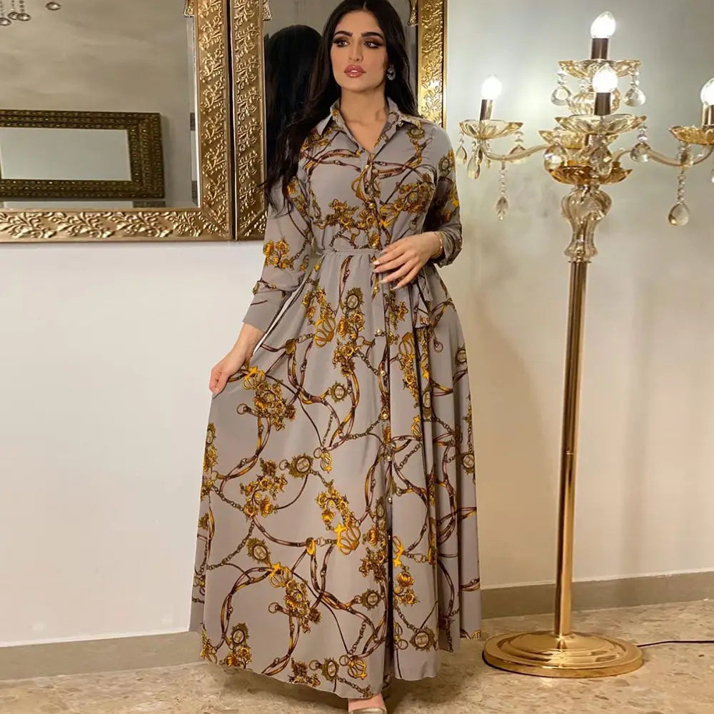 Women’s Middle Eastern Muslim Vintage Print Lace-Up Dress