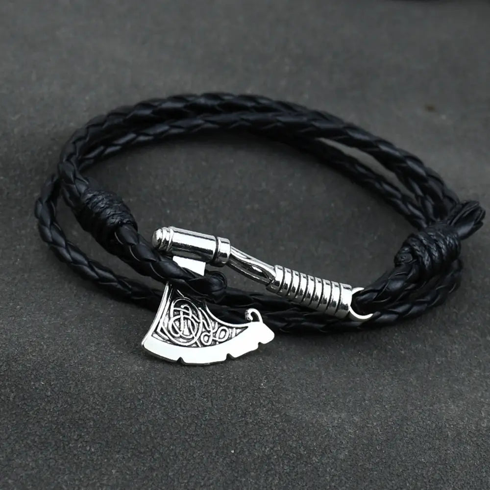 Bracelet en cuir viking avec ancre et hache pour homme