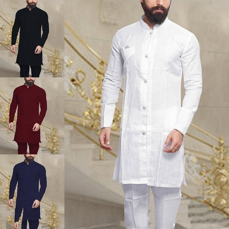 Chemise longue en lin à boutons pour homme musulman du Moyen-Orient