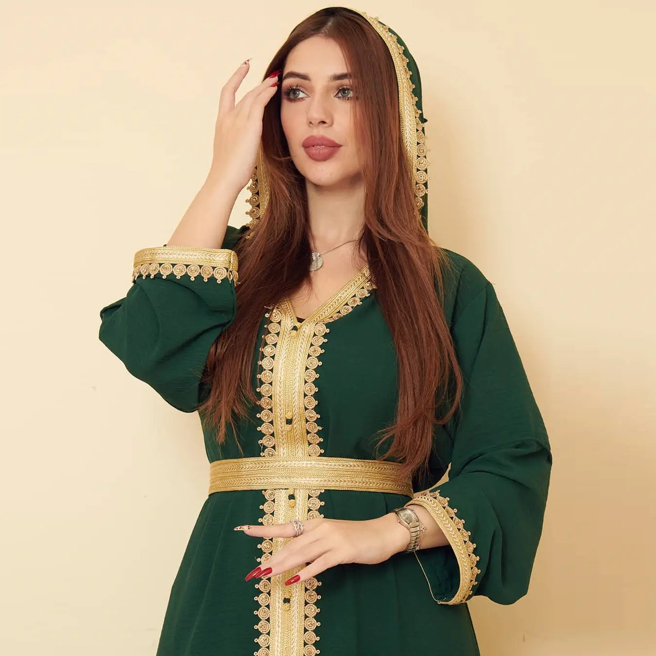 Robe trapèze à capuche en lin vert pour femme musulmane saoudienne
