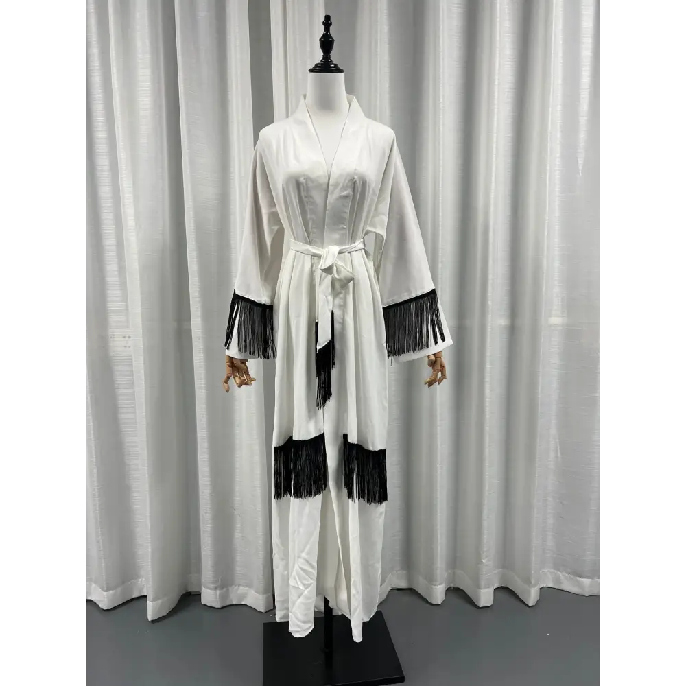 Arab Dubai Ethnic Clothes Middle East Abaya Coat Tassle Fashion Dress - White / S