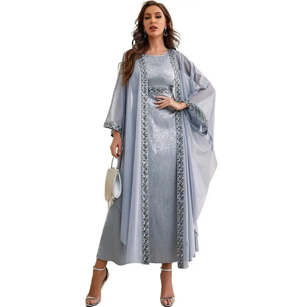 Autumn Muslim New Middle East Dubai Arab Abaya Embroidery Set Female Side - Slabstone Gray / S