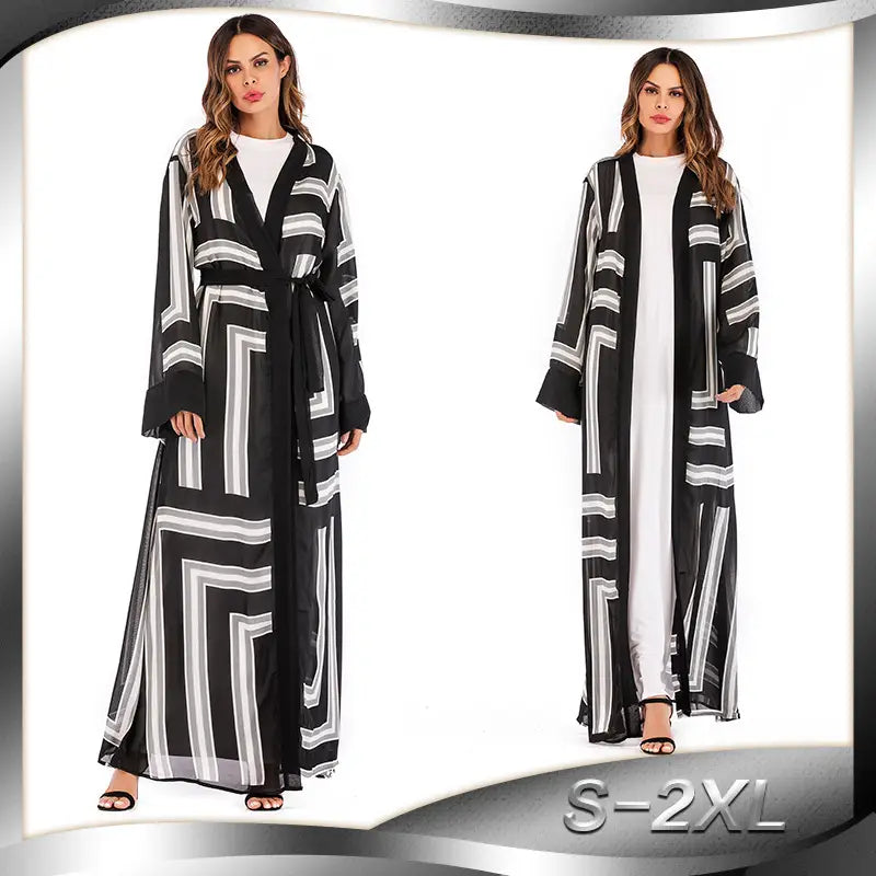 Robe cardigan ample en dentelle à rayures musulmanes pour femme