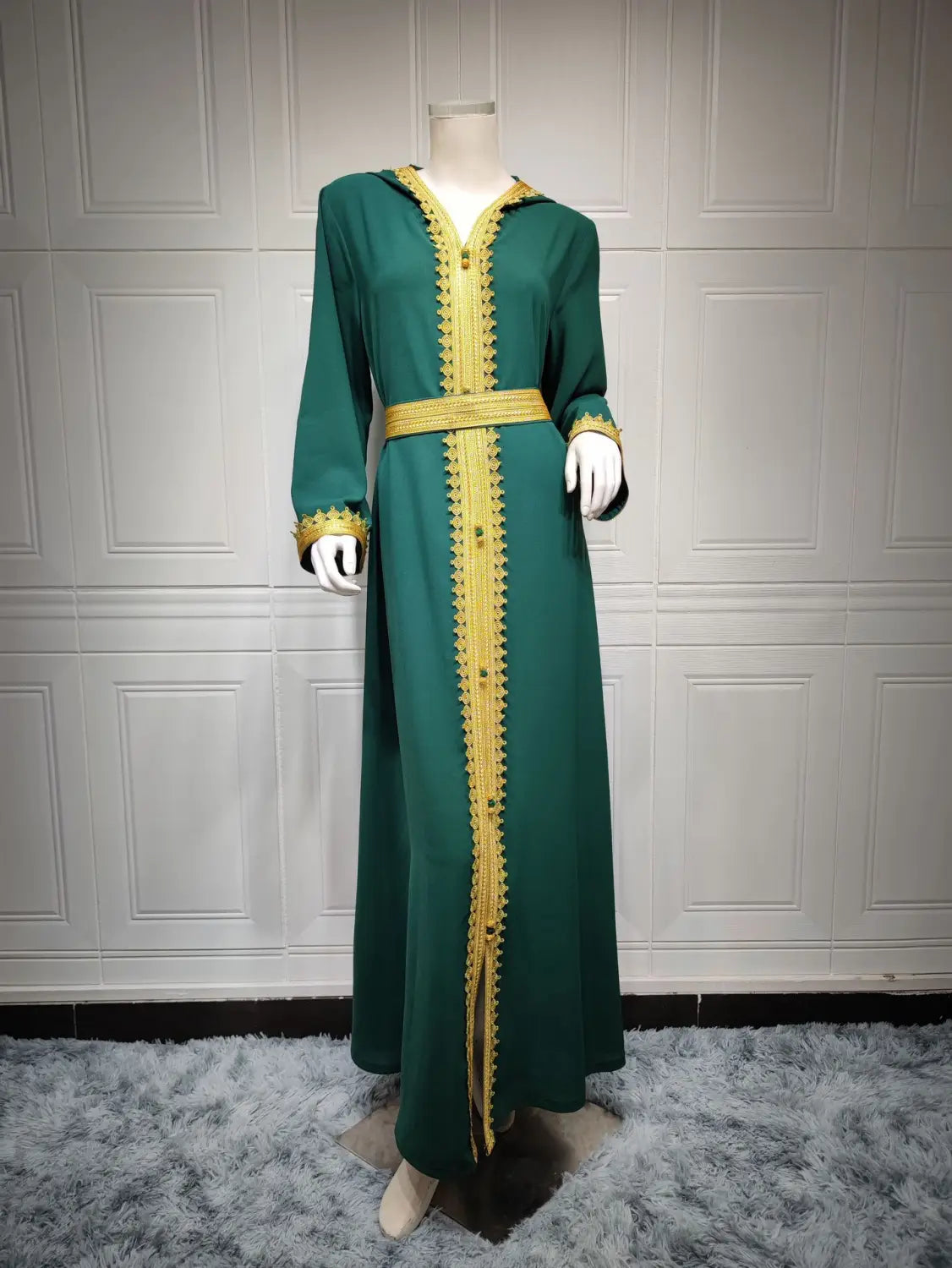Robe trapèze à capuche en lin vert pour femme musulmane saoudienne