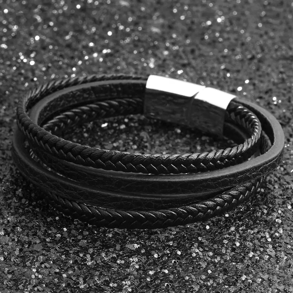 Bracelets & Bangles Men Stainless Steel Leather Bracelets Braided Rope Magnetic Clasp Male Bangles Jewelry New - default