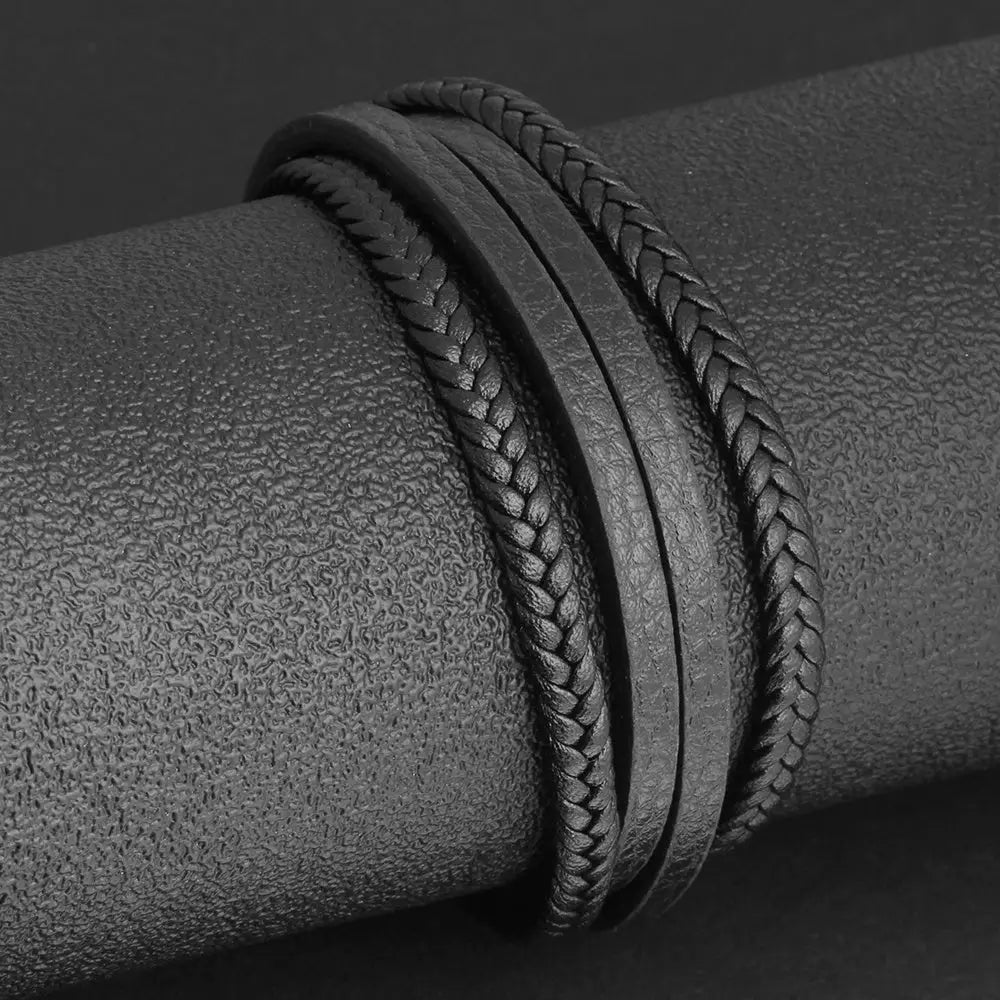 Bracelets & Bangles Men Stainless Steel Leather Bracelets Braided Rope Magnetic Clasp Male Bangles Jewelry New - default