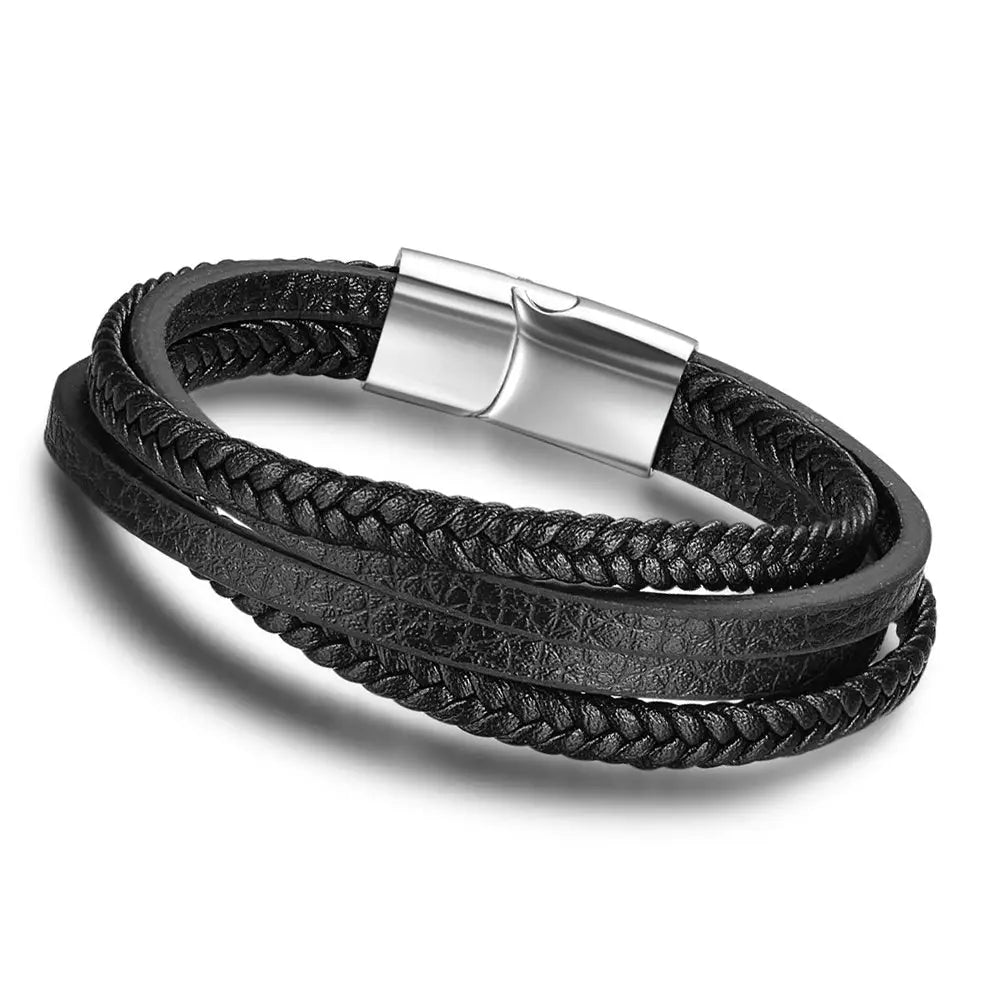 Bracelets & Bangles Men Stainless Steel Leather Bracelets Braided Rope Magnetic Clasp Male Bangles Jewelry New - default
