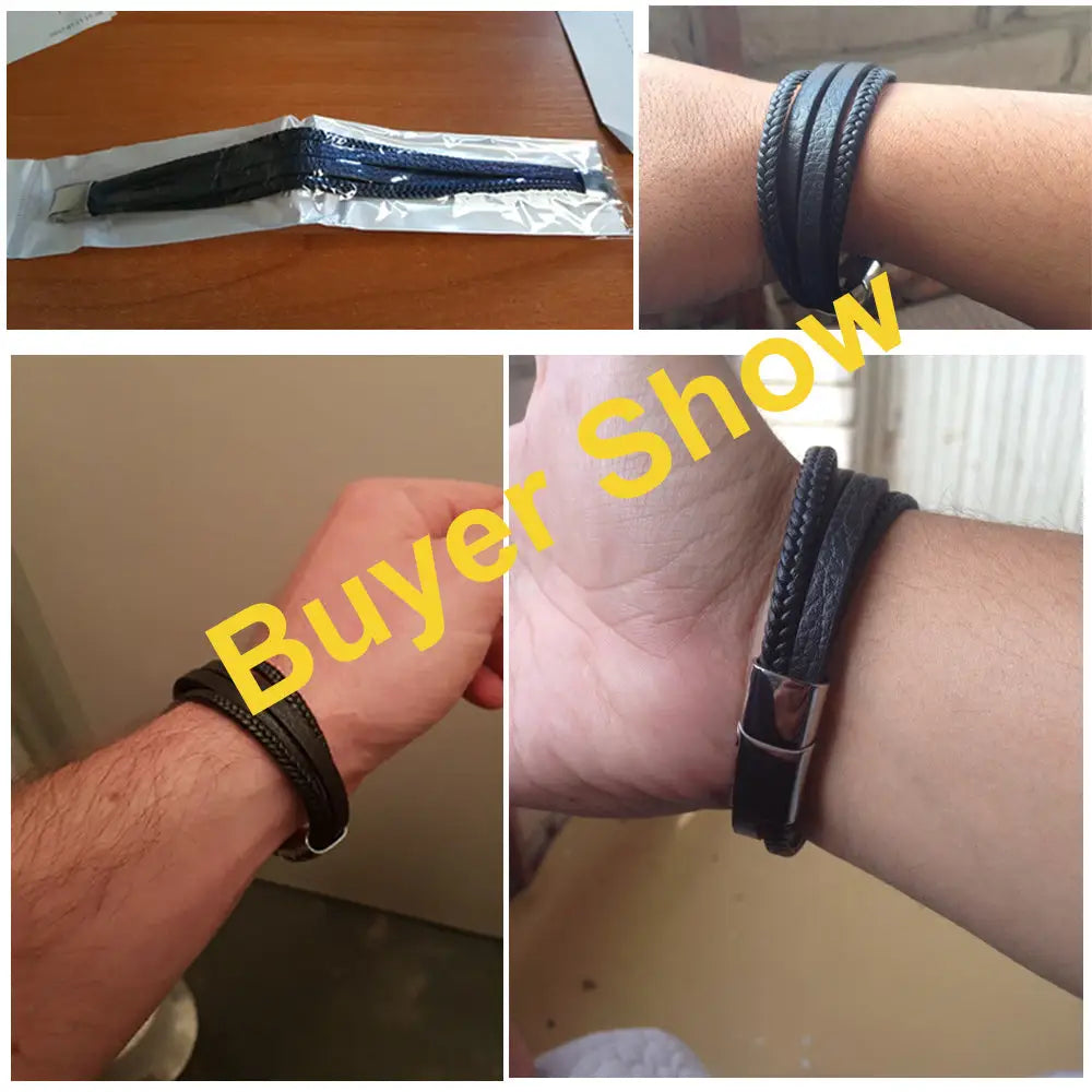 Bracelets & Bangles Men Stainless Steel Leather Bracelets Braided Rope Magnetic Clasp Male Bangles Jewelry New - default