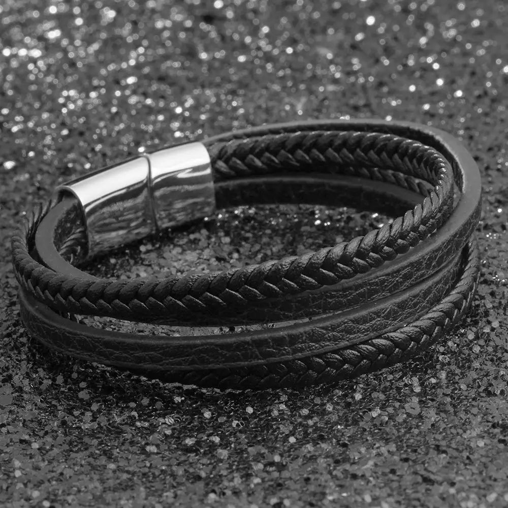 Bracelets & Bangles Men Stainless Steel Leather Bracelets Braided Rope Magnetic Clasp Male Bangles Jewelry New - default