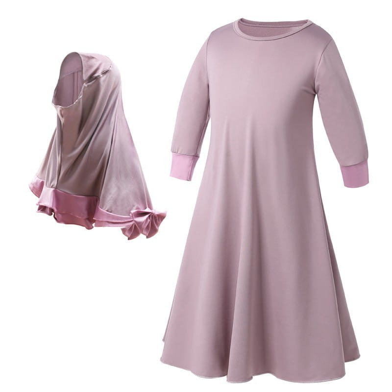 Robe à manches longues en dentelle à volants assortie pour fille, avec nœud et turban