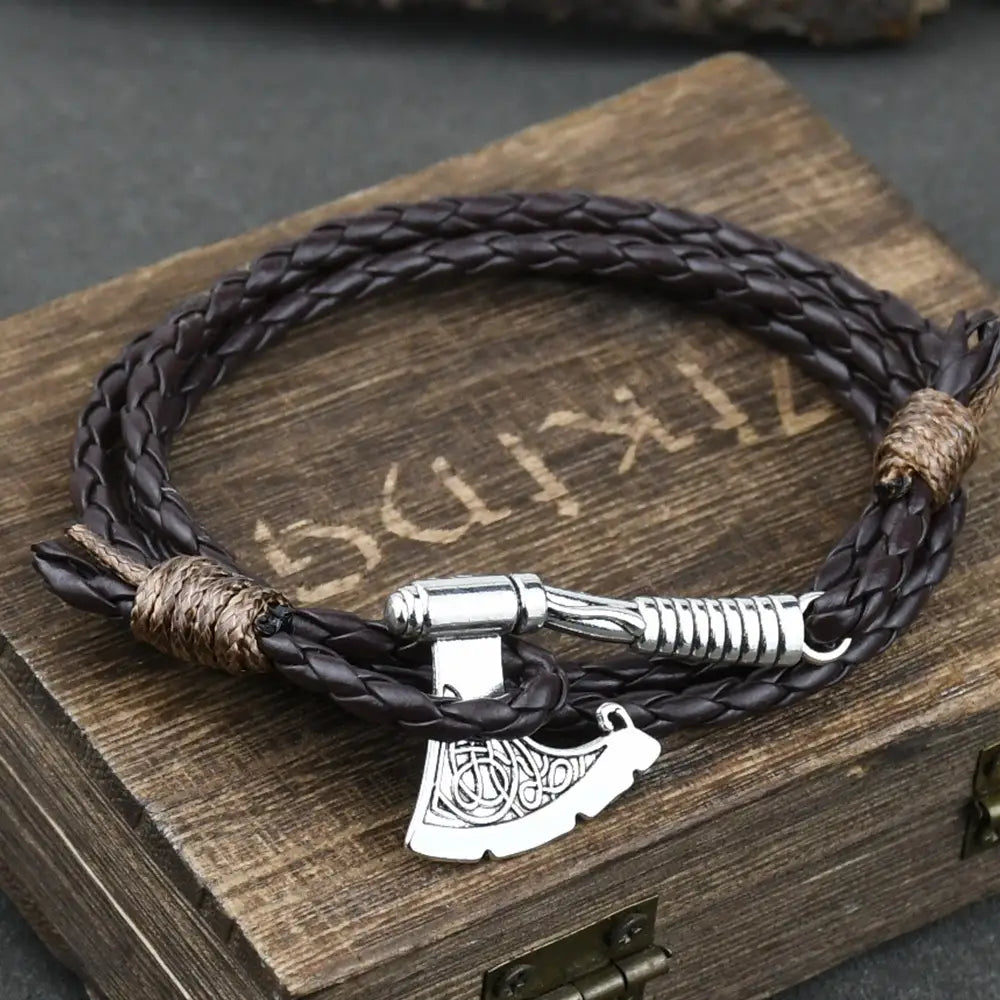 Bracelet en cuir viking avec ancre et hache pour homme