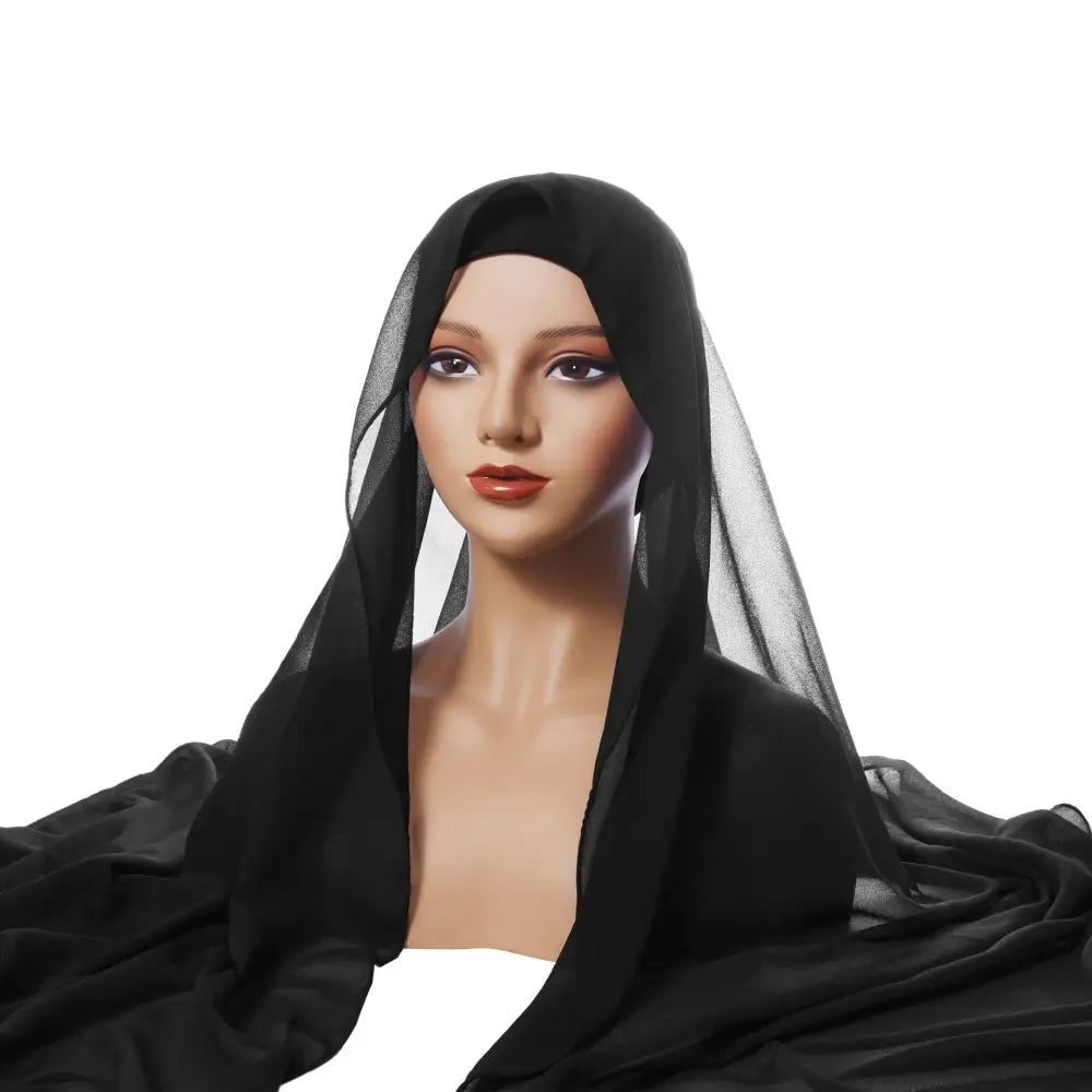 Chiffon Turban Pleated Drawstring Cap Suit Monochrome - Black