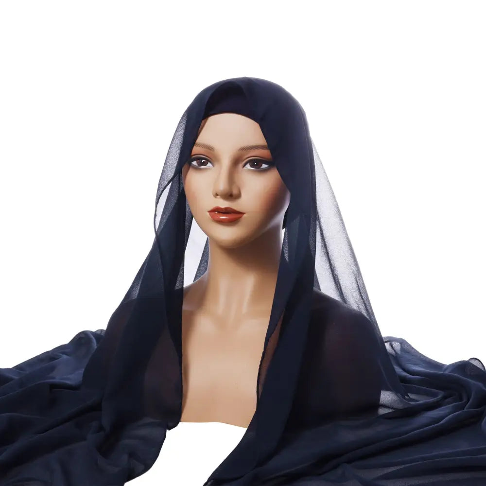 Chiffon Turban Pleated Drawstring Cap Suit Monochrome - Navy Blue