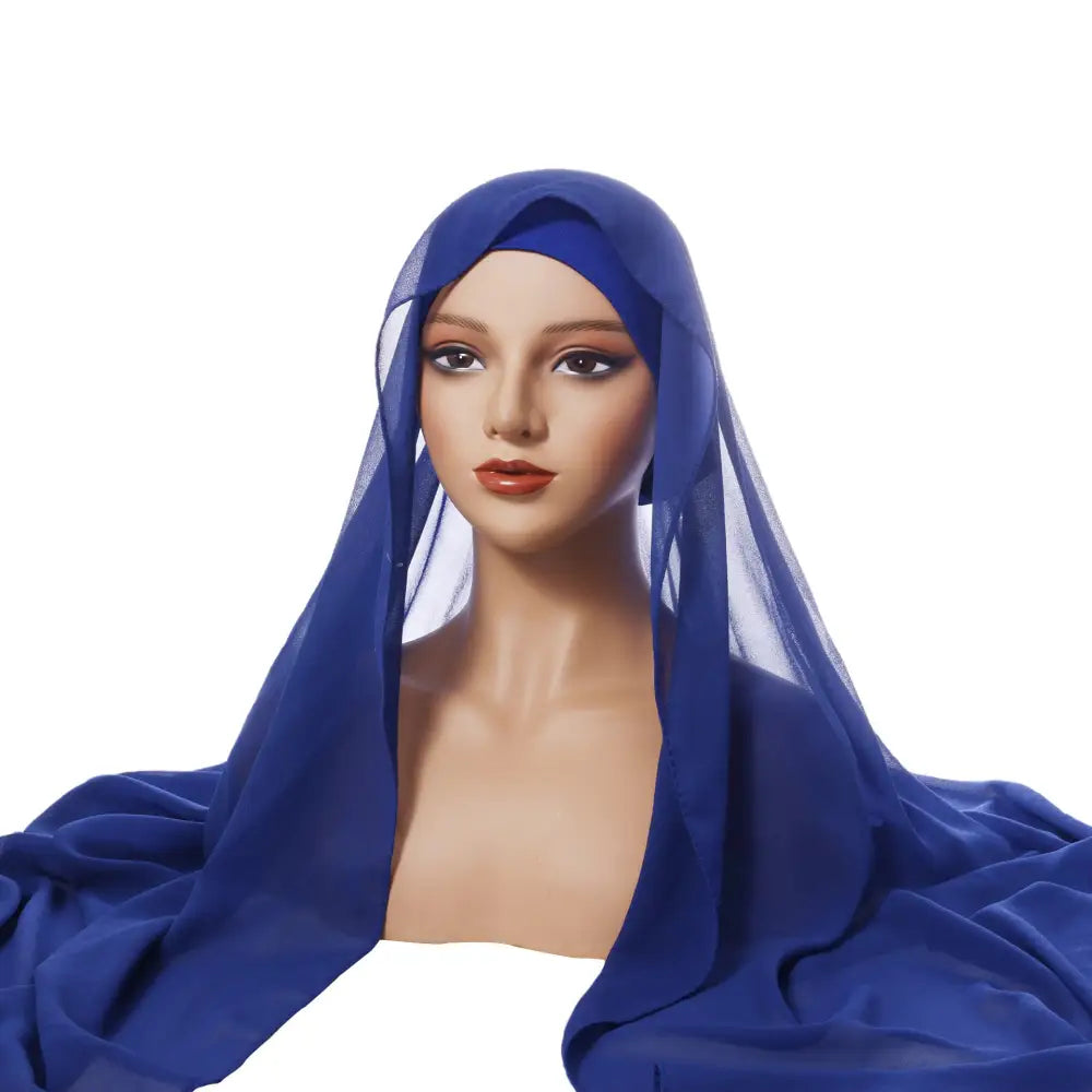 Chiffon Turban Pleated Drawstring Cap Suit Monochrome - Sapphire Blue