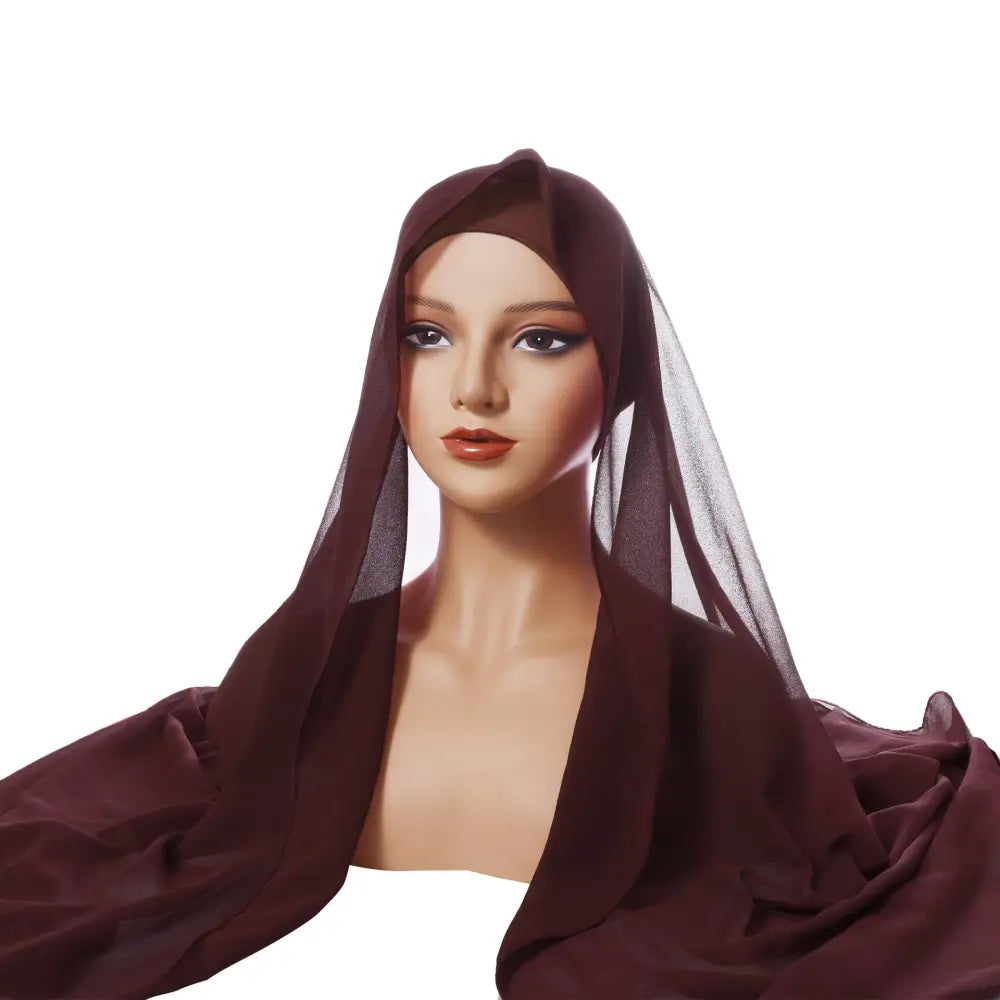 Chiffon Turban Pleated Drawstring Cap Suit Monochrome - Wine Red