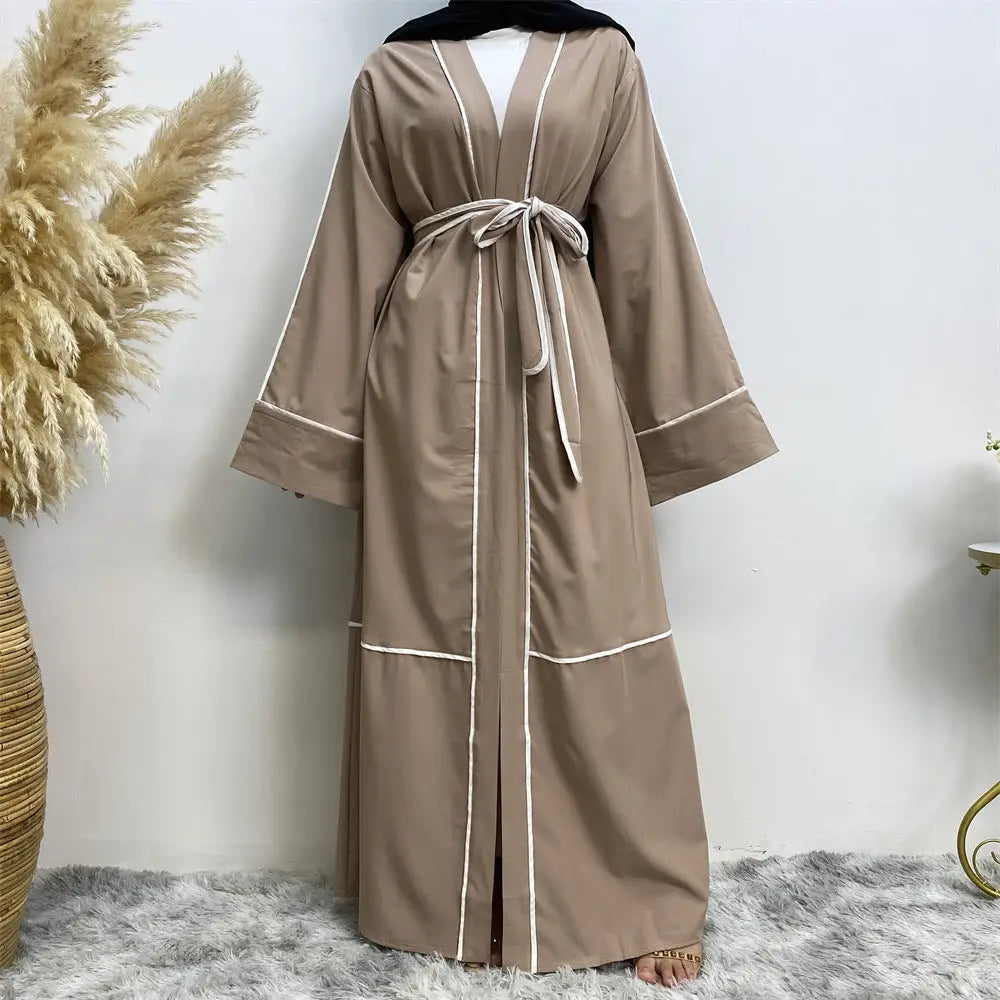 Contrast Striped Cardigan Muslim Robe - Apricot / S