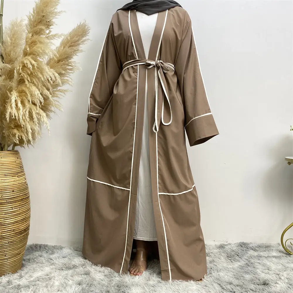 Contrast Striped Cardigan Muslim Robe - Brown / S