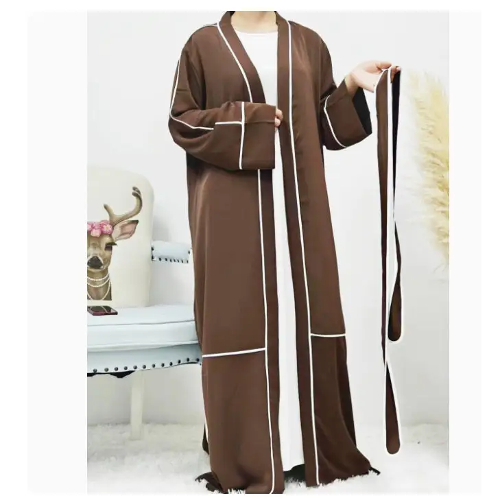 Contrast Striped Cardigan Muslim Robe - Coffee / XL