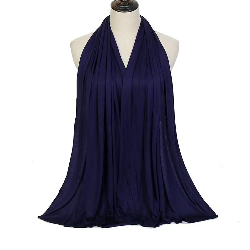 Cotton Women’s Knitted Long Muslim Shawl Plain Soft Women’s Islamic Headscarf - Navy Blue / 170 To 60cm