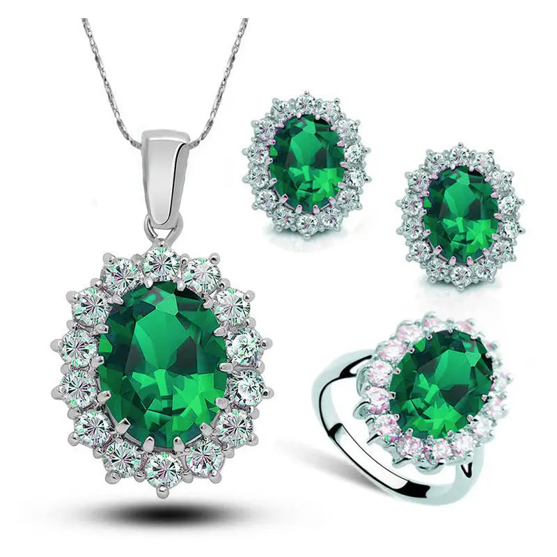 Crystal Jewelry Bridal Necklace Earrings Ring Jewelry Set - Olive green