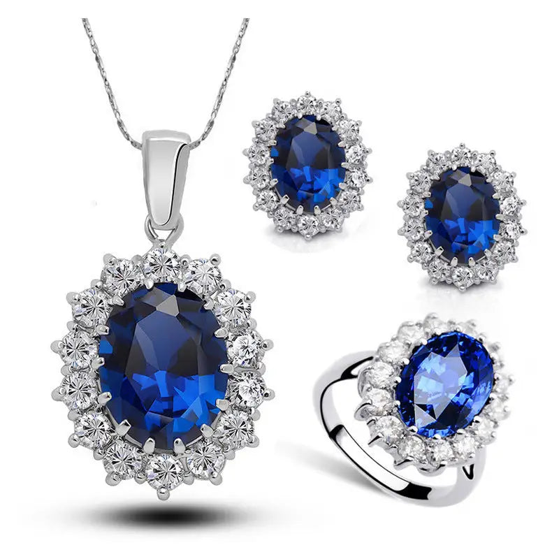 Crystal Jewelry Bridal Necklace Earrings Ring Jewelry Set - Silver sapphire blue