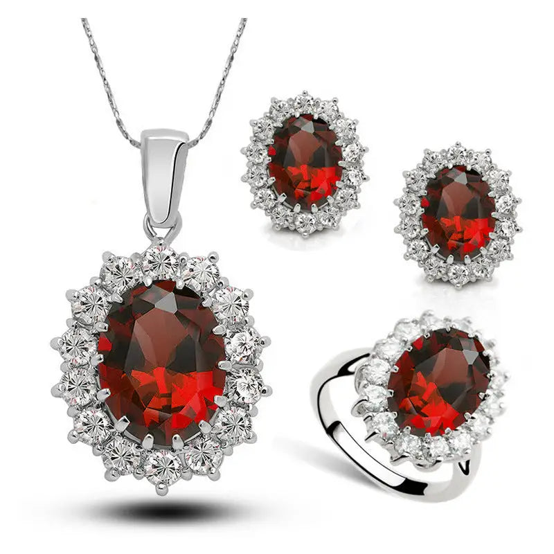 Crystal Jewelry Bridal Necklace Earrings Ring Jewelry Set - Silver scarlet