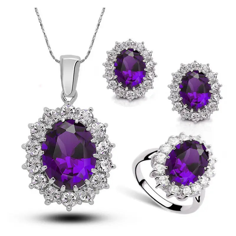 Crystal Jewelry Bridal Necklace Earrings Ring Jewelry Set - violet