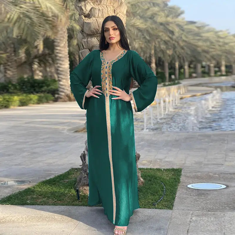 Dress With Hot Diamond Ribbon Lace Dubai Muslim Robe - Green / S