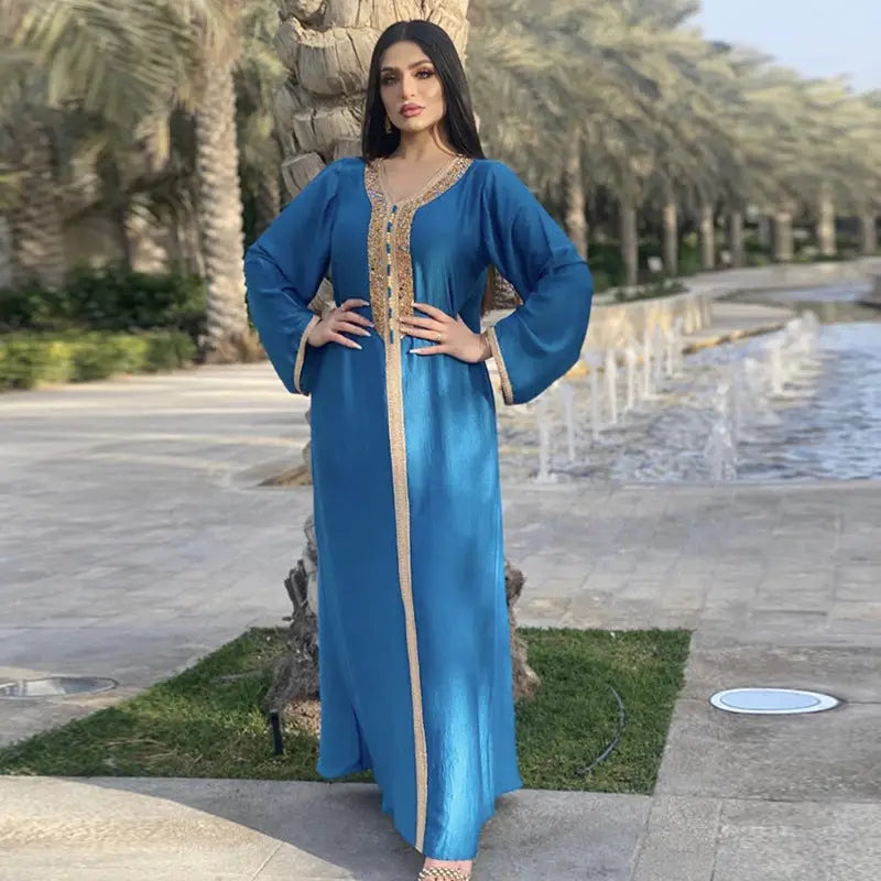 Dress With Hot Diamond Ribbon Lace Dubai Muslim Robe - Light Blue / S