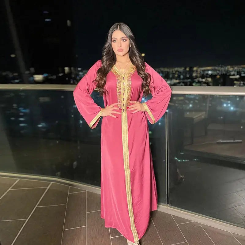 Dress With Hot Diamond Ribbon Lace Dubai Muslim Robe - Pink / S