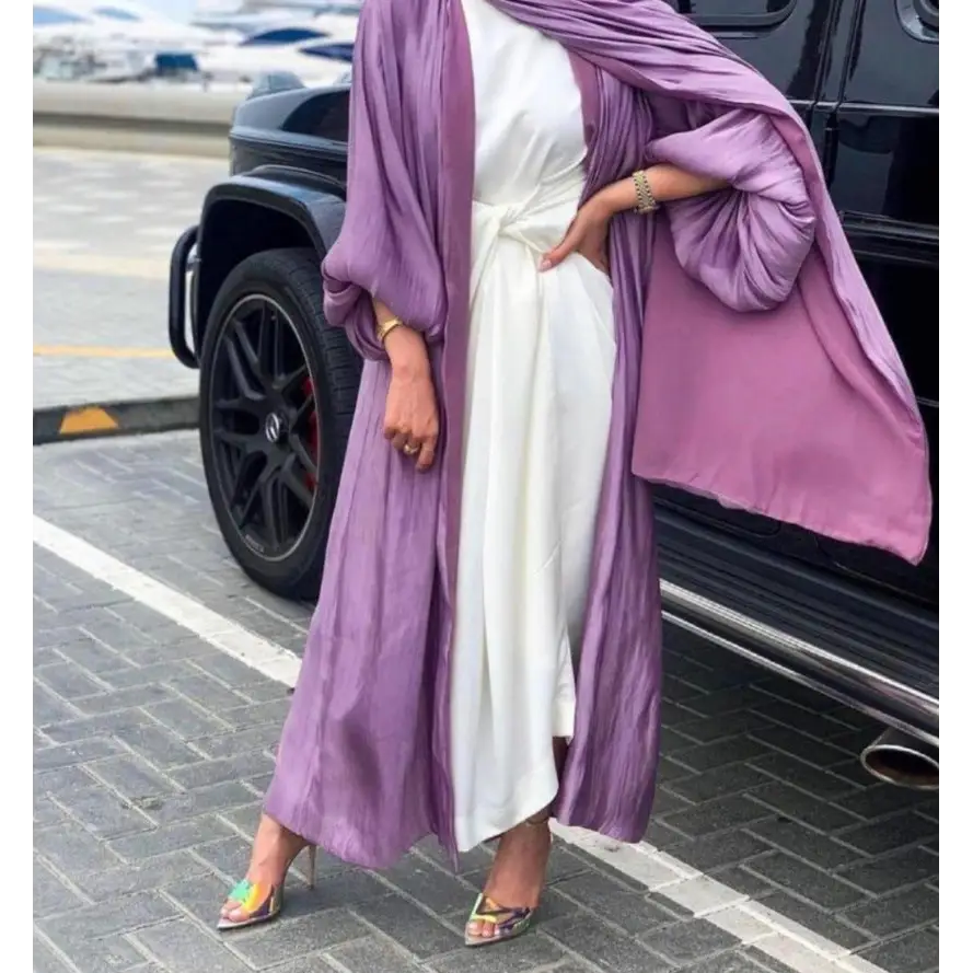 Eid Muslim Abaya Dress Kimono For Women Fashion Shining Silklike Summer Abayas Cardigan Puff Sleeve Dubai Turkey