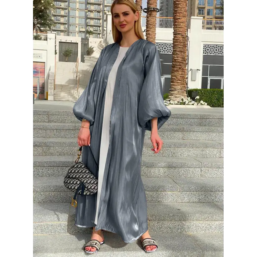 Eid Muslim Abaya Dress Kimono For Women Fashion Shining Silklike Summer Abayas Cardigan Puff Sleeve Dubai Turkey Clothes