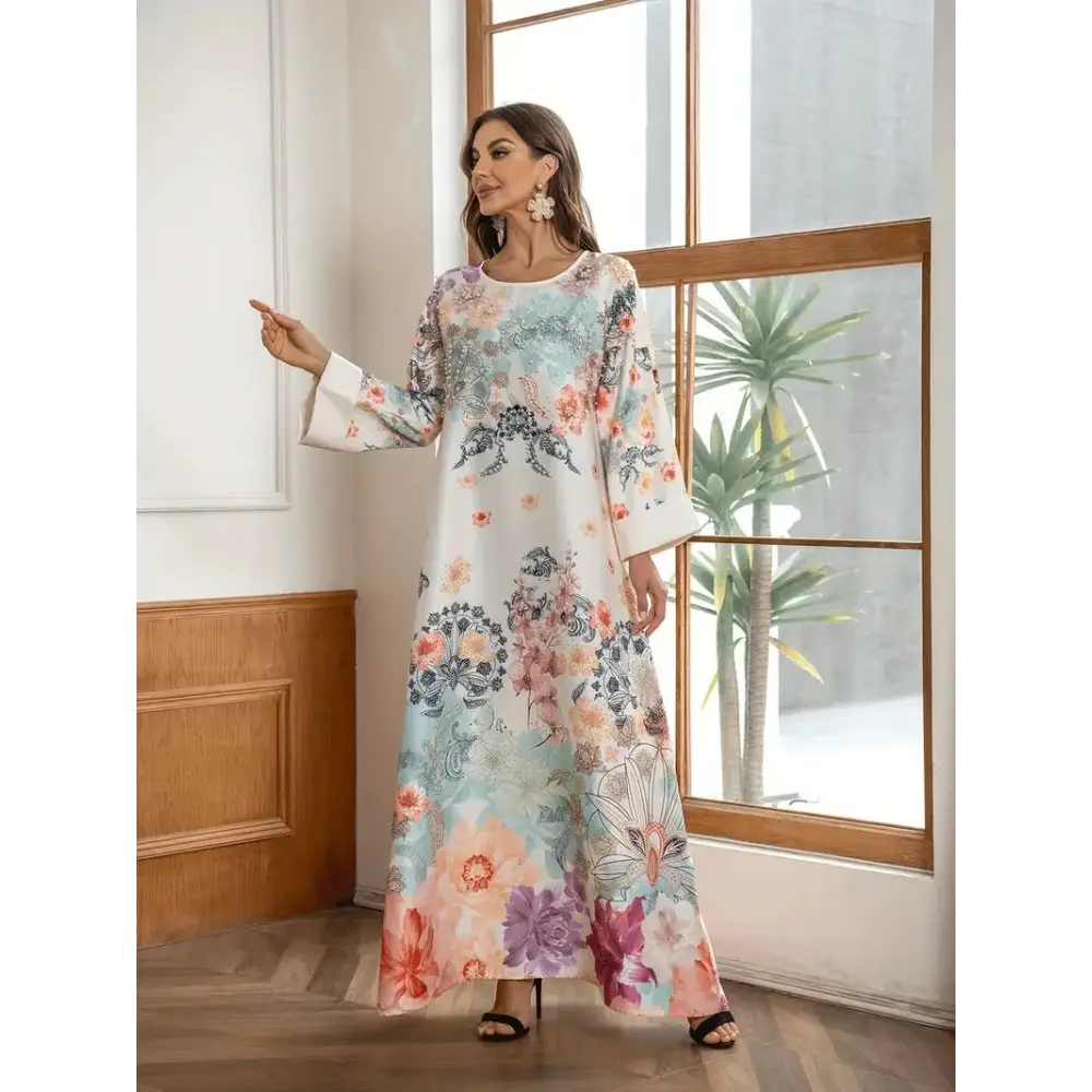 Elegant Floral Print Long Kaftan Dress - 4