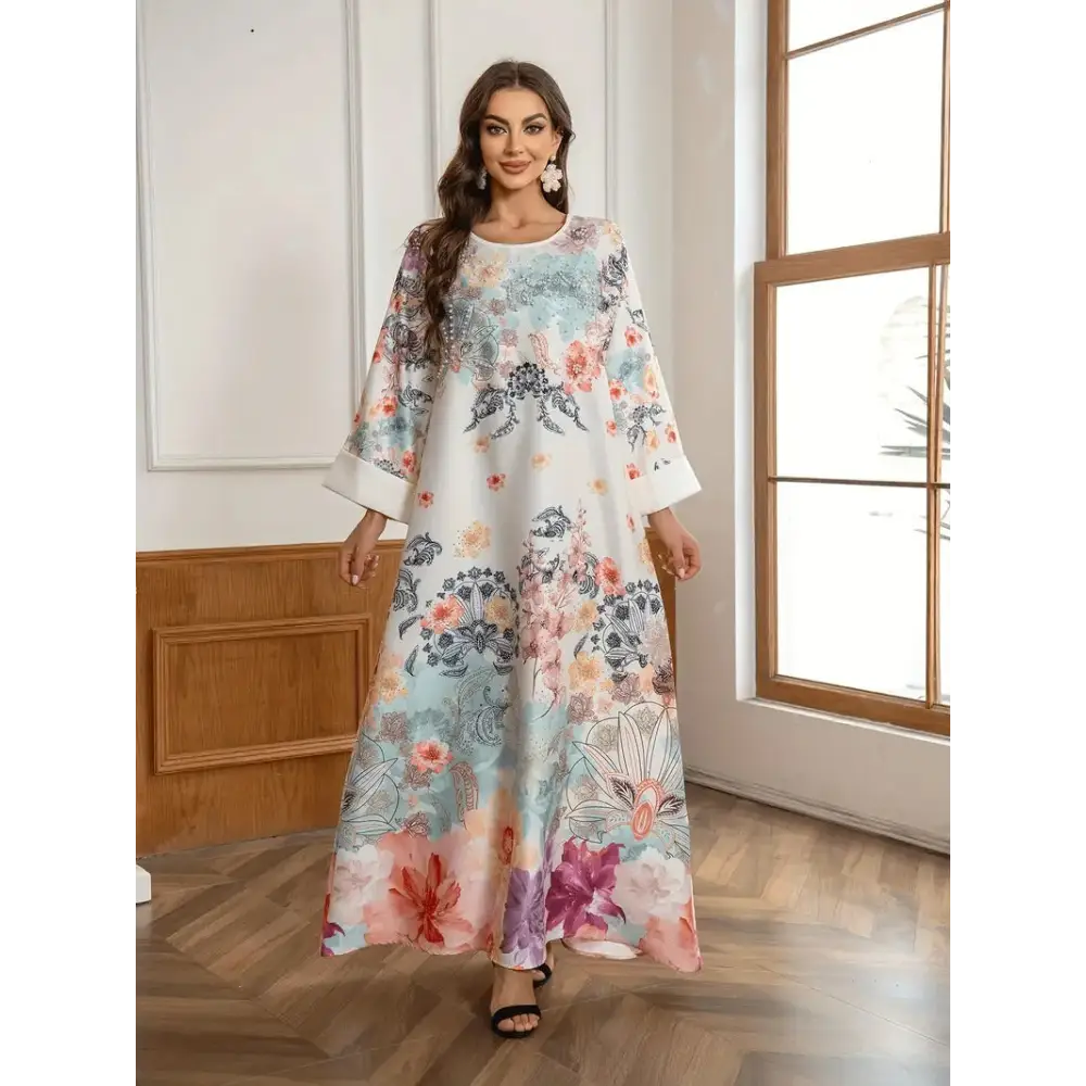 Elegant Floral Print Long Kaftan Dress - 4