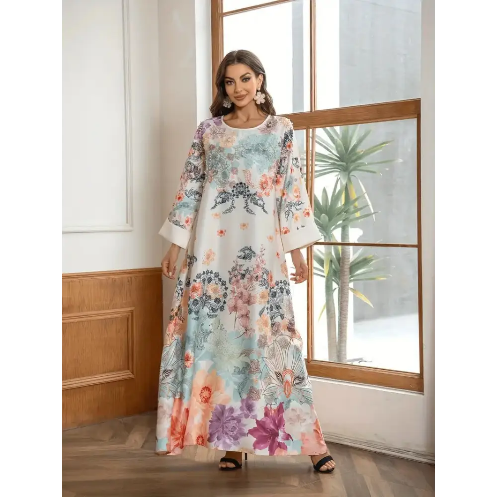 Elegant Floral Print Long Kaftan Dress - 4