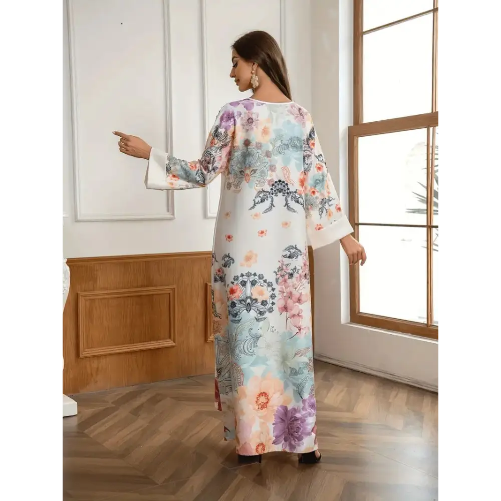 Elegant Floral Print Long Kaftan Dress - 4