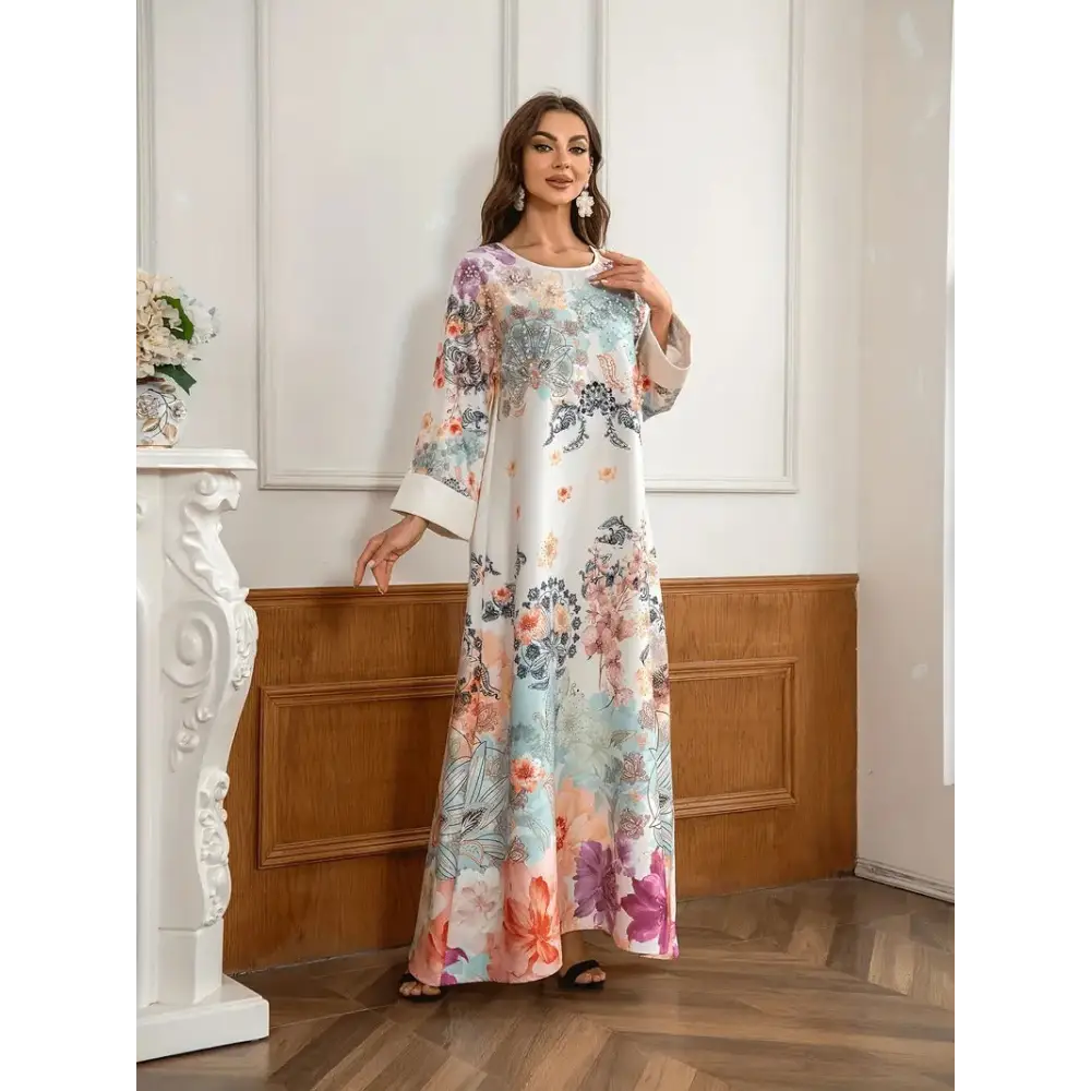 Elegant Floral Print Long Kaftan Dress - 4