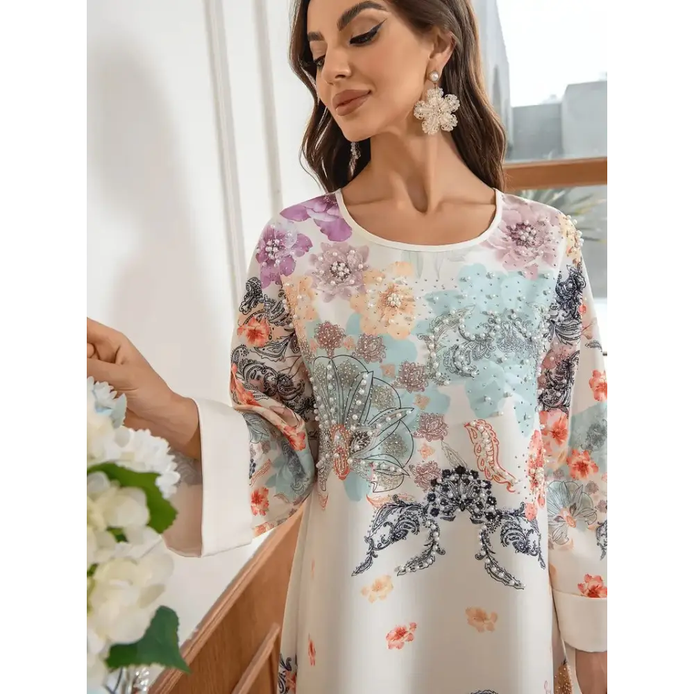 Elegant Floral Print Long Kaftan Dress - 4